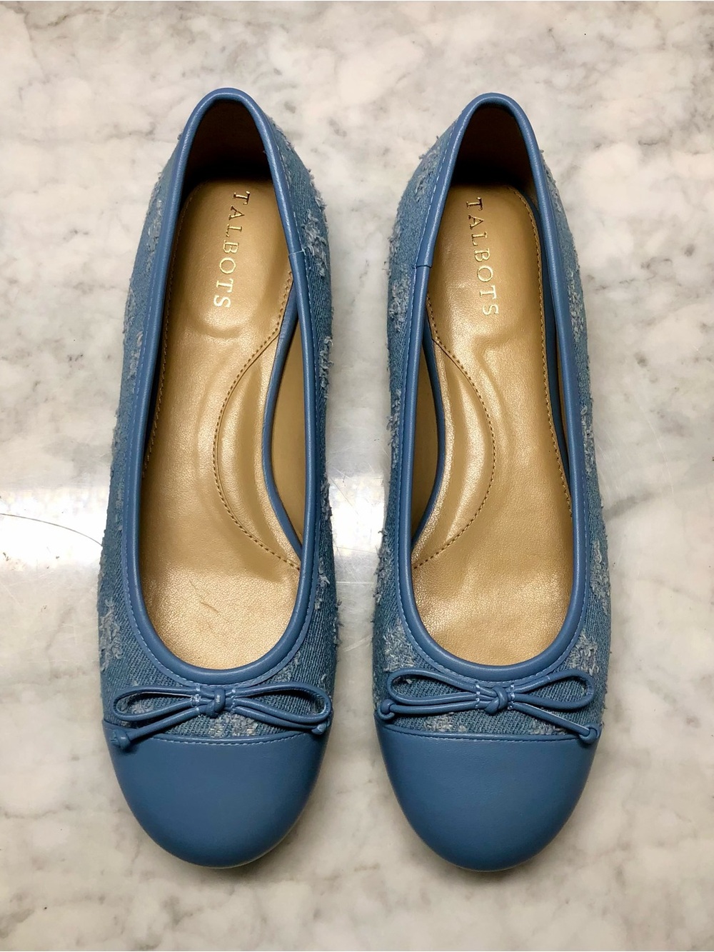 TALBOTS BLAIR CAP TOE BALLET FLATS FLORAL EMBROIDERED DISTRESSED DENIM SZ 7.5